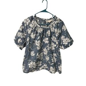 LOFT Outlet Size Large Blue Floral Print Gathered Neck Puff Sleeve Top Blouse
